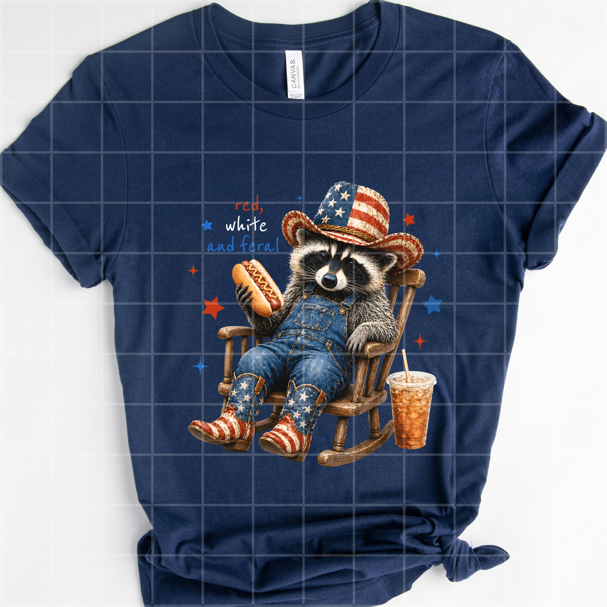 Red white and feral rocking chair, raccoon mm052526